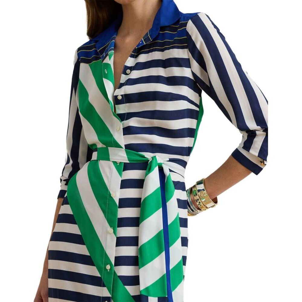 Lauren Ralph Lauren Womens Striped Crepe Shirtdress 10 Navy/White/Green - NWT - Picture 3 of 6